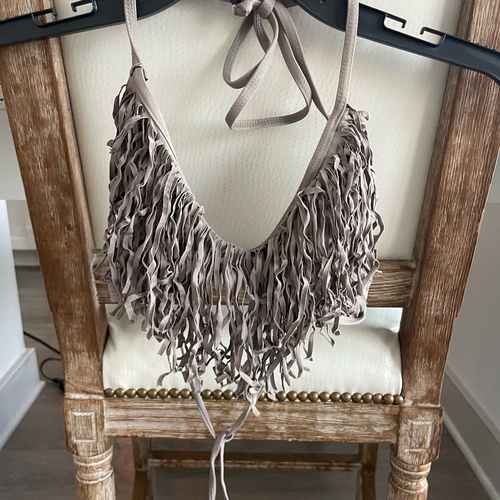 L*Space Fringe Detail Bikini Top in Tan